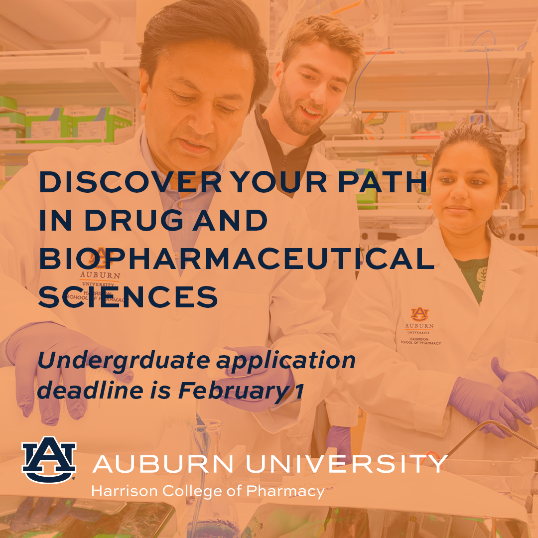 If you are interested in pursuing the Bachelor of Science in Drug and Biopharmaceutical Sciences, the final application deadline is just days away! Submit your completed application by February 1 to receive an admissions decision in early March >>
auburn.edu/admissions/app…