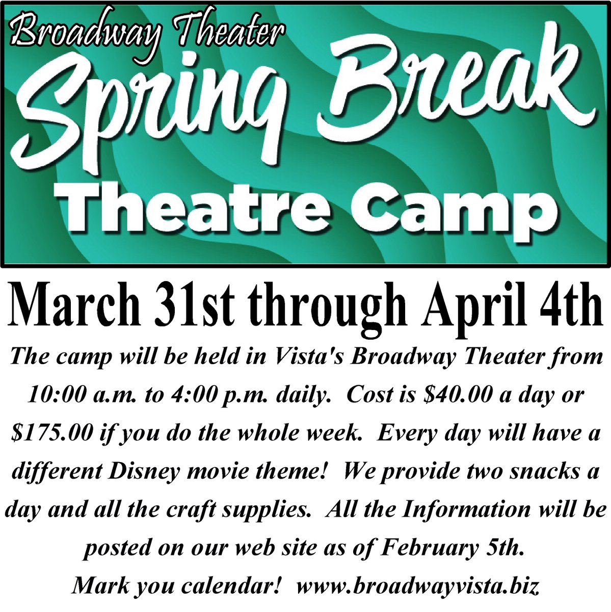 broadwayvista's tweet photo. The Broadway Theater's Spring Drama Camp registration begins on February 5th all the information on the camp will be posted on the 5th as well.  Our 2025 Summer Drama Camp registration begins on March 1st.  All the details about the Summer Camps will be posted as of March 15th. https://t.co/5ywT3lg1YH