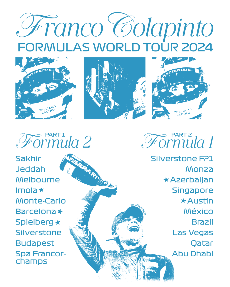 sofibdesign's tweet photo. @FranColapinto: FORMULAS WORLD TOUR 2024  

RECAP DEL 2024, por que empezar en #F2 y graduarse a #F1 en medio de la temporada no es para cualquiera 🇦🇷
.
.
#francolapinto #FC43 #f1 #formulauno #f1merchdesign #formulaone @WilliamsRacing @AlpineF1Team @OfficialMPTeam https://t.co/A0So854GwN