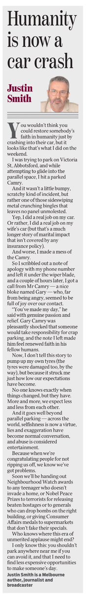 I “made somebody’s day” by crashing into their car. 

Here’s a column about it in today’s <a href="/theheraldsun/">Herald Sun</a>