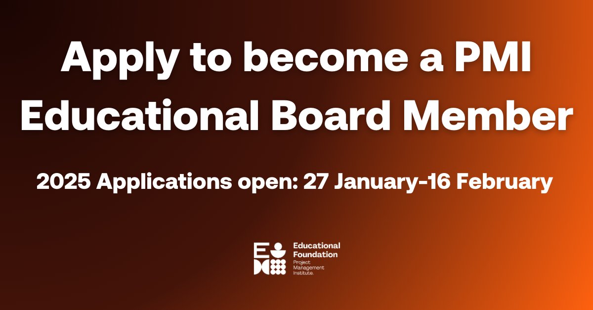 Are you passionate about advancing project management as a global skillset?

Apply to join PMIEF as a Board Member! Applications are open from 27 January-16 February, 2025. The term for this position will be 1 January 2026-31 December, 2028. 

Apply now: bit.ly/3PVpRZu