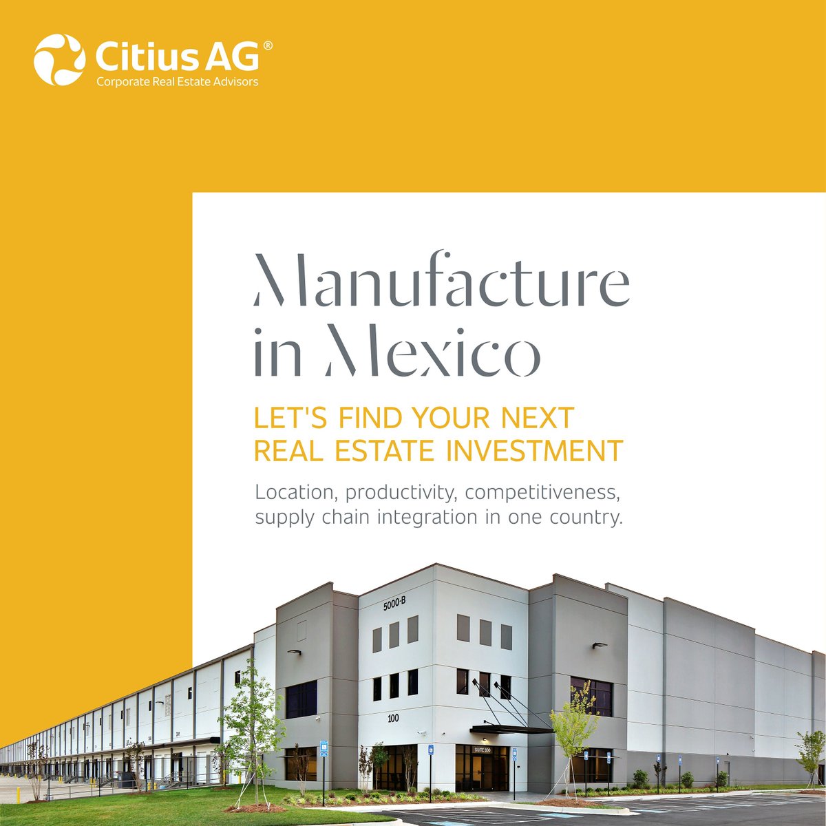 Discover the advantages of manufacturing in Mexico! With strategic access to global markets, a skilled workforce, and competitive costs. Mexico offers exceptional opportunities for growth and success.

#RealEstate #CitiusAG #CitiusAdvisoryGroup #CorporateRealEstateAdvisors