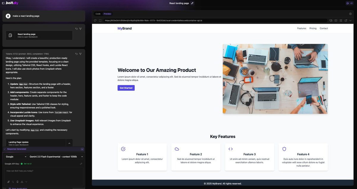 thecodacus's tweet photo. Wow, gemini flash 2.0 is killing it
one single prompt "make a react landing page" in @boltdotdiy , also check the setting to get this result in the reply
#aicoding #ai https://t.co/TudN6DRfZg