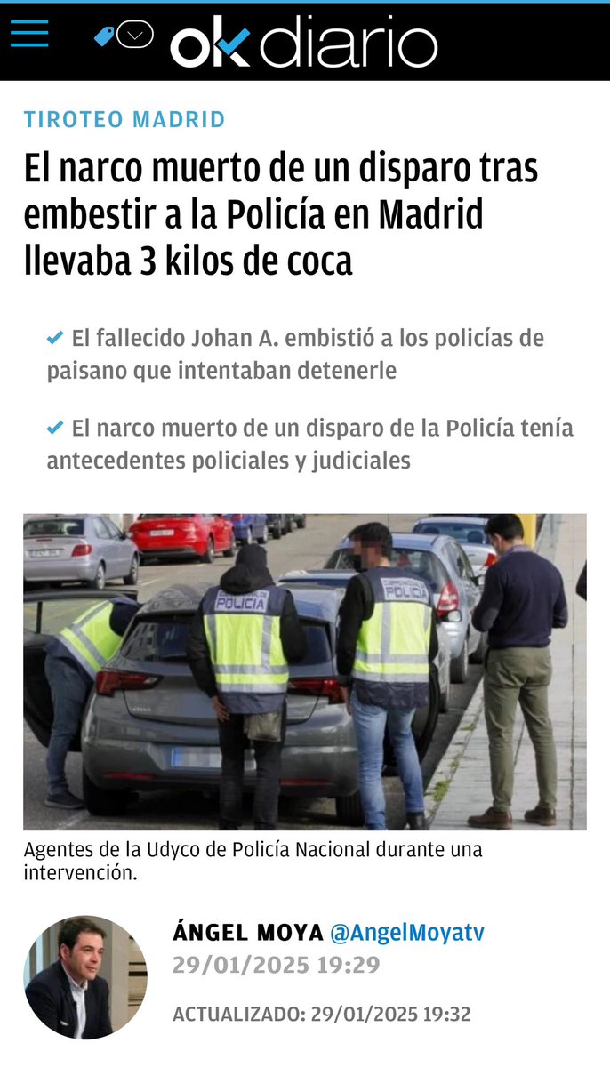 JupolNacional's tweet photo. #ÚltimHora: El narco muerto de un disparo tras embestir a la Policía en Madrid llevaba 3 kilos de coca, vía @okdiario

•El fallecido Johan A. embistió a los policías de paisano que intentaban detenerle.

•El narco muerto de un disparo de la Policía tenía antecedentes policiales y judiciales.

💪Desde JUPOL, insistimos, TODO NUESTRO APOYO a los Policías intervinientes.

🫡Gran trabajo periodístico de @AngelMoyatv.

🌐Noticia: https://t.co/0nZytufR4L