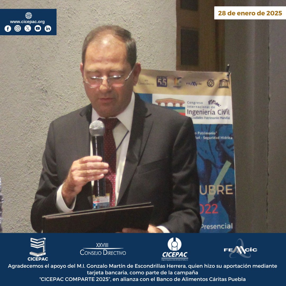 cicepac's tweet image. Agradecemos el apoyo del M.I. Gonzalo Martín de Escondrillas Herrera, quien hizo su aportación mediante tarjeta bancaria, como parte de la campaña “CICEPAC COMPARTE 2025”, en alianza con el @BAMXPuebla 

#CICEPAC #BAMX #CÁRITAS #arroz #frijol #ingenieríacivil #Puebla