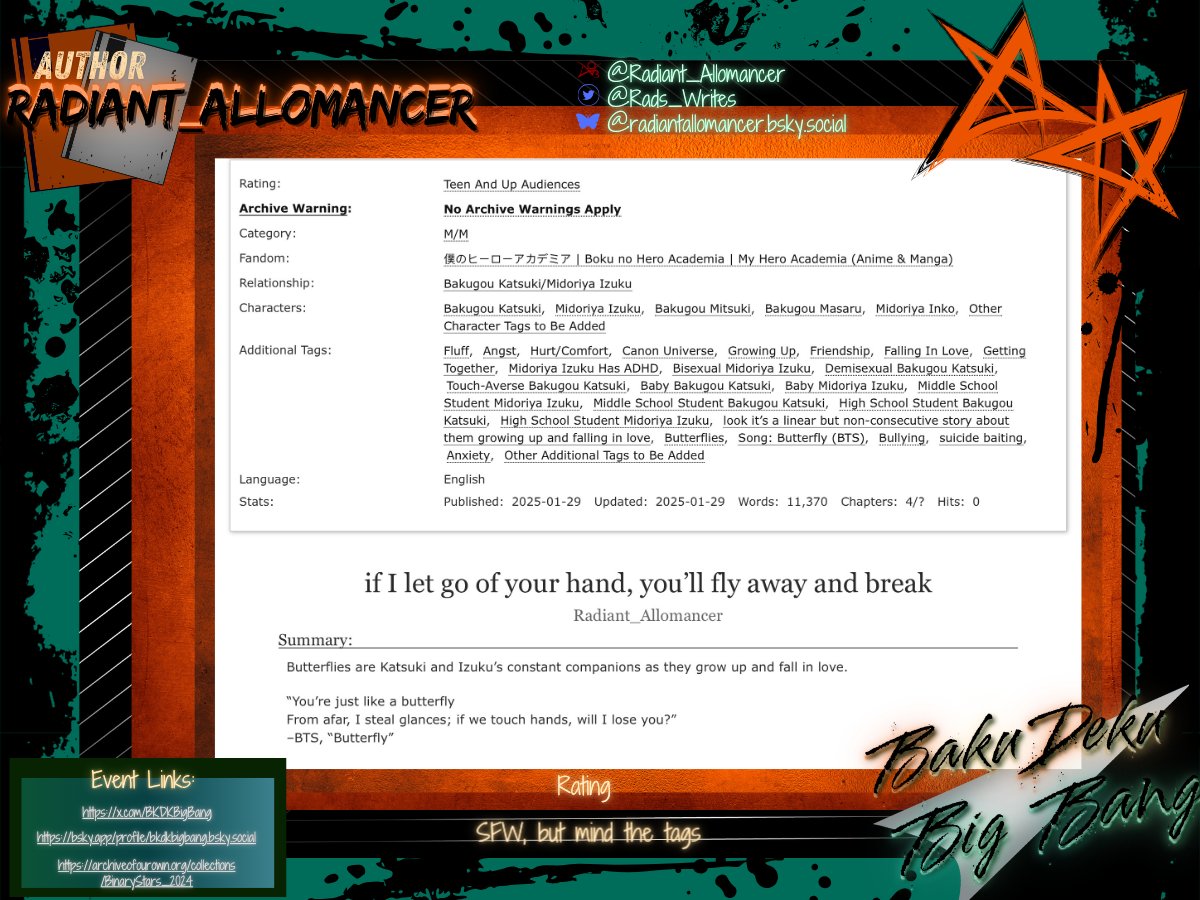 I’m so excited to finally share my <a href="/BKDKBigBang/">✨️ Binary Stars BkDkBk- 2024 Bang Posting</a> fic! The first four chapters are up, so come get your fix of fluff, angst, and butterflies! <a href="/Ariart_0/">Ari / working on zines</a> did such an incredible job on the art!
archiveofourown.org/works/62613724
#bkdk #dkbk #bnha #mha