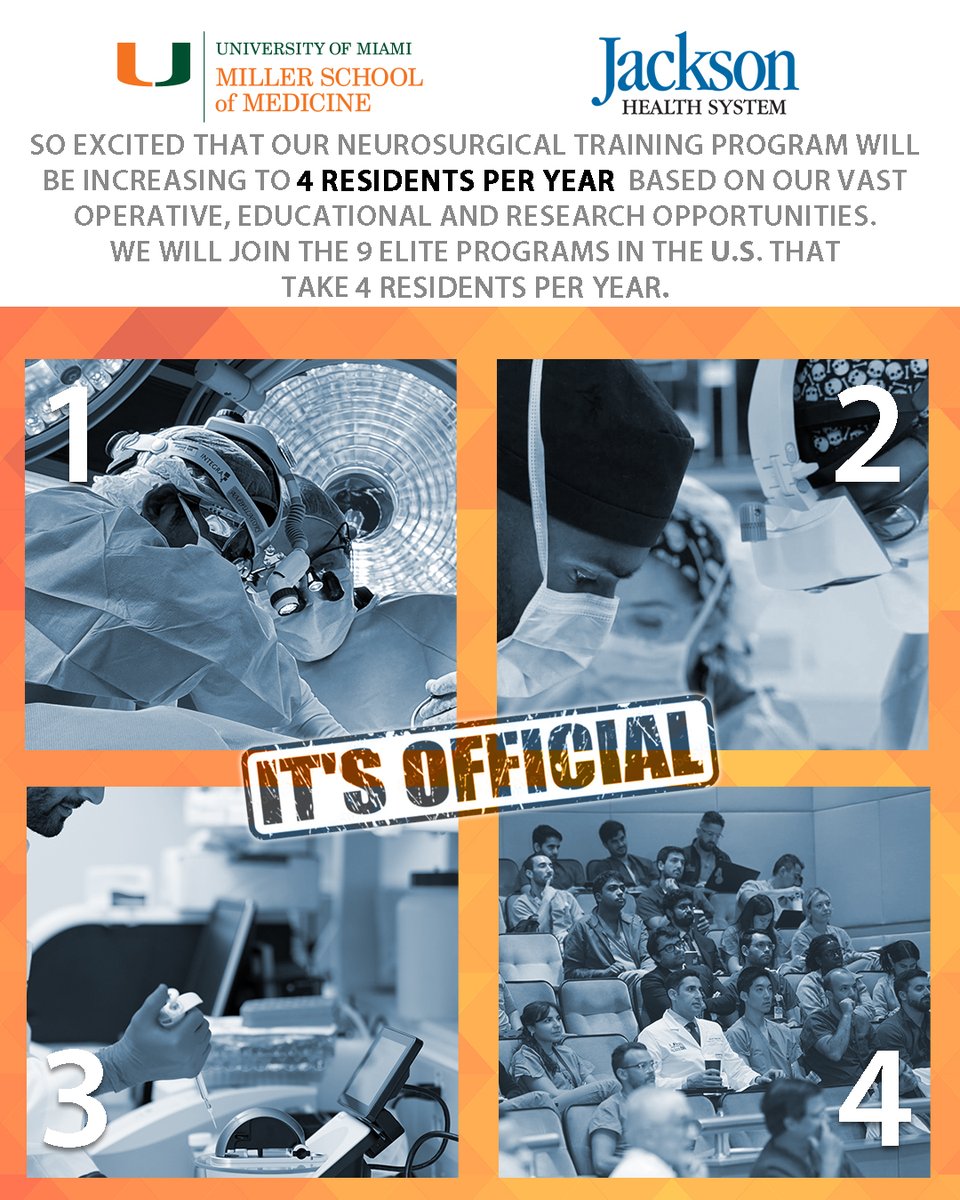 AllanLeviMD's tweet image. 📢 Big News! University of Miami Miller School of Medicine's Neurosurgical Training Program is leveling up! 🚀 We’re thrilled to announce we’re increasing to 4 residents per year, joining the elite 9 programs in the U.S. with this capacity. 🧠✨ #ItsOfficial #ResidencyProgram