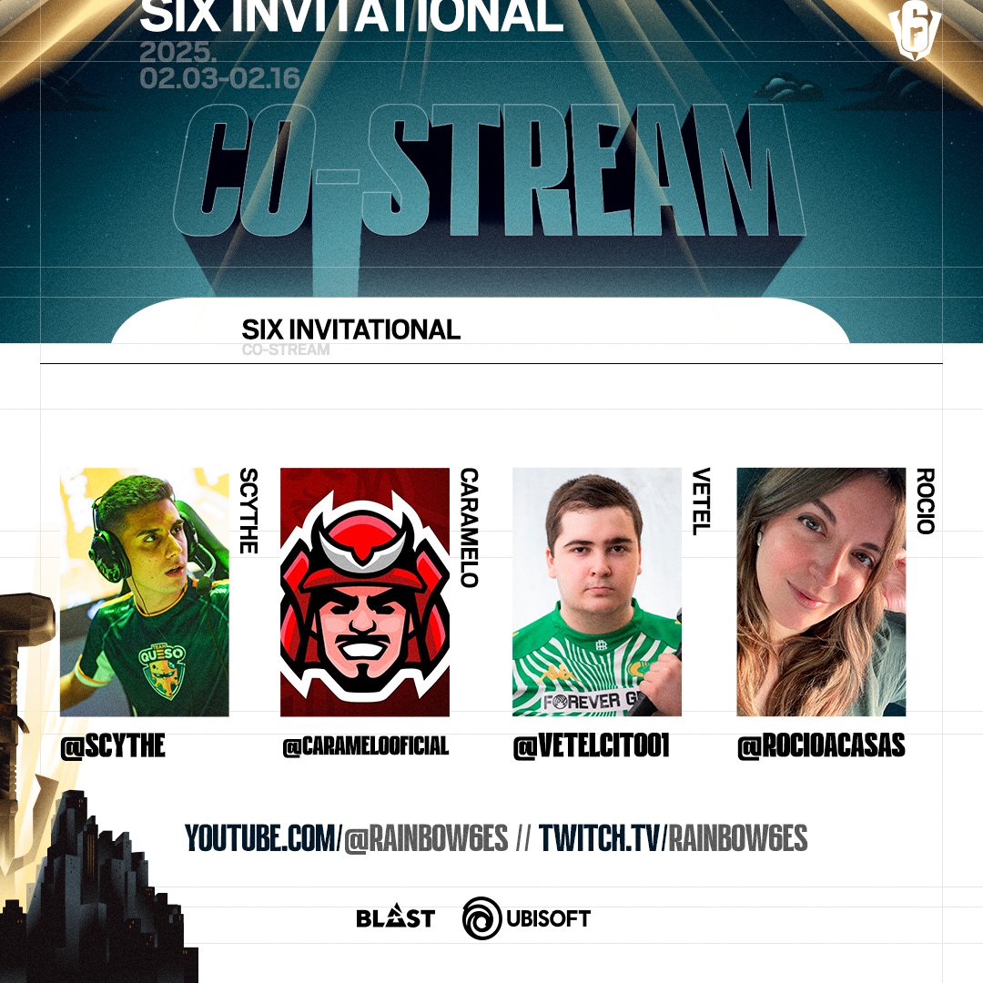 📢¡Prepárate para la locura del #SixInvitational25!📢

🚨¡Tenemos a los mejores streamers confirmados para que no te pierdas ni un segundo de la acción!

🎬 Caramelo:
<a href="/Caramelo_ESP/">Caramelo</a>
🎬 Vetel:
<a href="/Vetel_GG/">VETEL</a>
🎬 Scythe:
<a href="/Scythe_R6/">Scythe Undercover</a>
🎬 Rocío:
<a href="/Rocioacasas/">Rocío</a>

¡No te pierdas las transmisiones