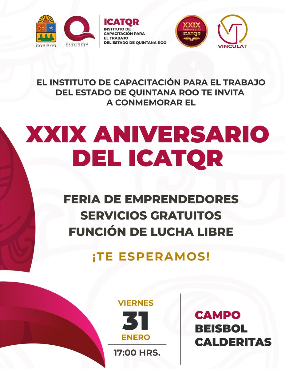 Este viernes 31 de enero a las 17:00 hrs., te esperamos en el Campo de Béisbol de  Calderitas para celebrar el XXIX Aniversario del ICATQR.

Ven y disfruta de nuestra Feria de Emprendedores, accede a servicios gratuitos y vive la emoción de una función de lucha libre. ¡No faltes!