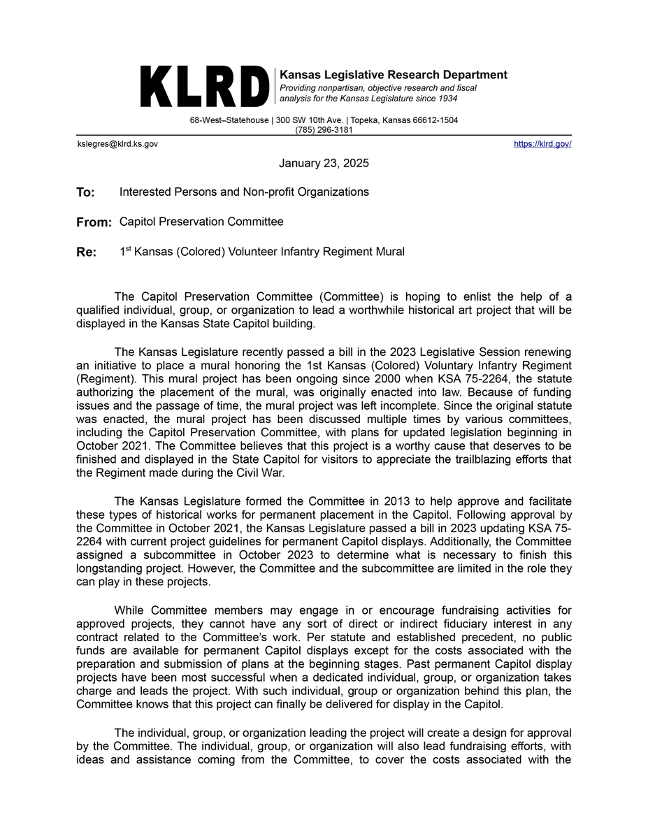 Unique Opportunity: 
The Capitol Preservation Committee is looking for an individual or organization to help lead the effort to create a mural inside the Capitol building commemorating the 1st Kansas (Colored) Voluntary Infantry Regiment. #ksleg klrd.gov/committees/202…