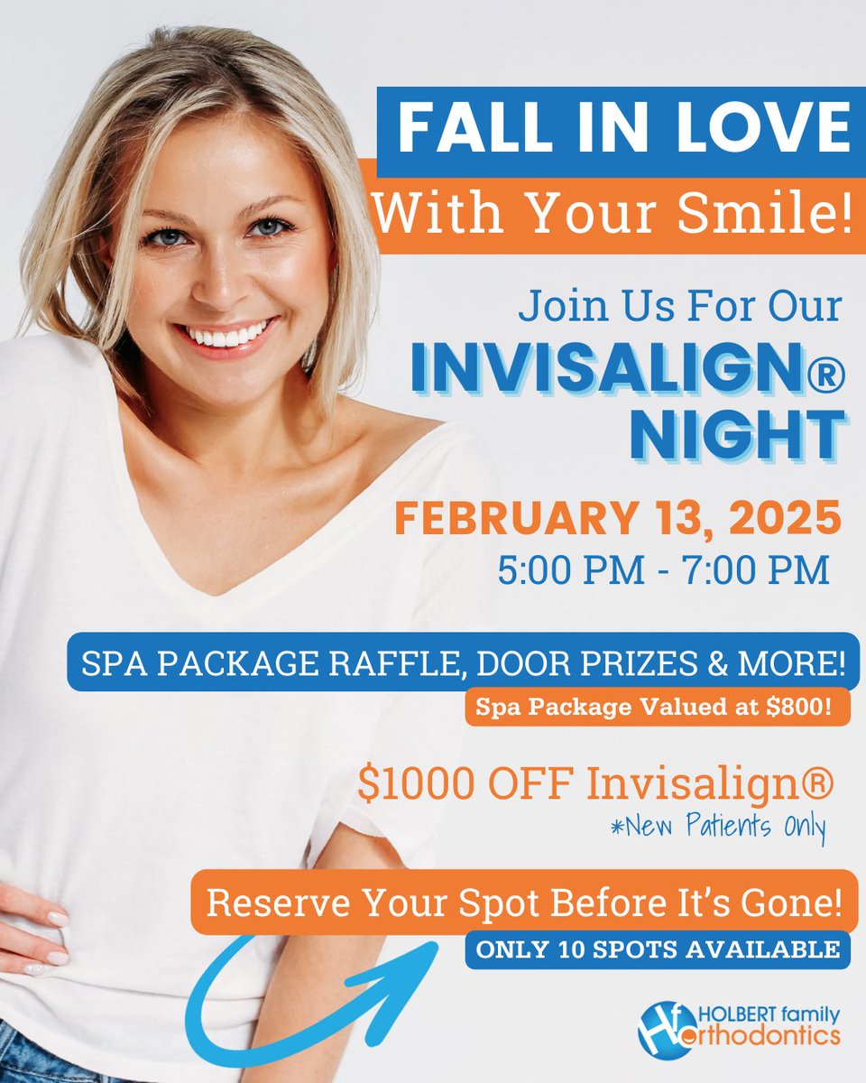 holbertbraces's tweet image. 💖 Join us for Invisalign® Night on February 13, 2025, and enjoy door prizes, raffles, and food while learning how Invisalign® can transform your smile. New patients get $1000 OFF Invisalign®, and attendees will have the chance to win exciting giveaways! ✨

#InvisalignNight