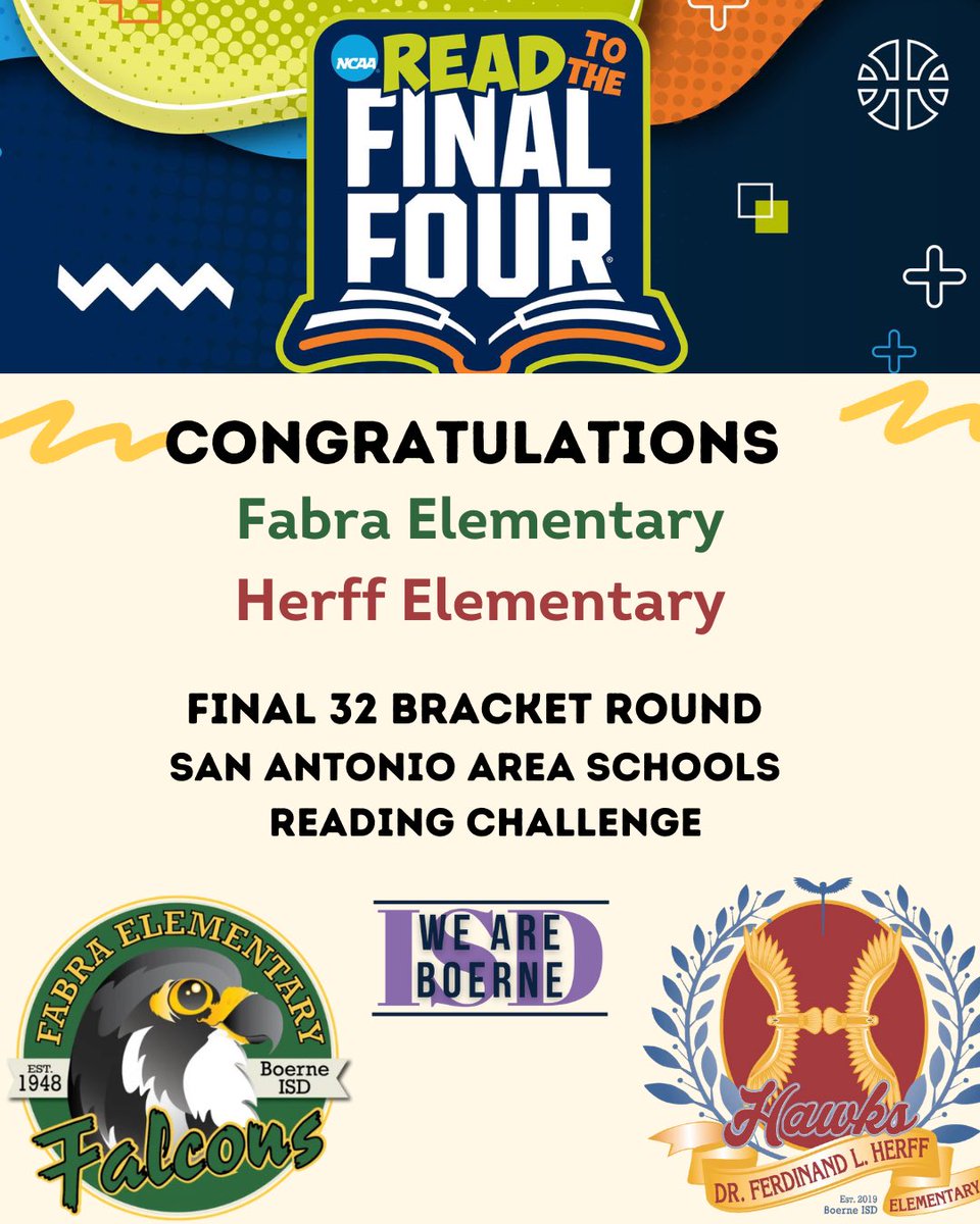 wolffmarsh's tweet photo. Congratulations to Fabra Elementary and Herff Elementary on qualifying for the final 32 bracket of readers! https://t.co/tJXzGjZP8h