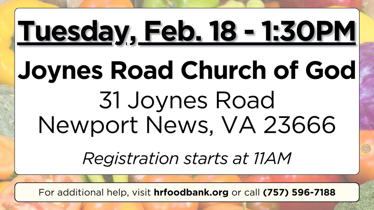 hrfoodbank's tweet image. If you or someone you know needs food assistance, please direct them to our mobile food distribution on Tuesday at 1:30 pm at Joynes Road Church of God in Newport News. Registration begins at 11 am, and the distribution will continue while supplies last. #FoodPantry #GetHelp