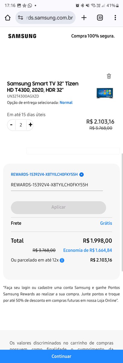 jaderson_lcs's tweet photo. Pow @SamsungBrasil!!! Que adianta usar os recursos de pagamento, juntar pontos, resgatar e na hora de usar o mesmo aparelho que avista sai por 1.100 em varios sites, vcs dão um cupom e direcionam pra um site que majora o preço? Só idiota cai nessa... má fé que fala?! https://t.co/thl3632NL3