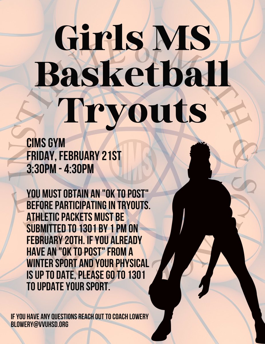 Middle school girls basketball Tryouts!

CIMS GYM
Friday, February 21st
3:30PM - 4:30PM

Athletic packets are due by February 20th no later then 1PM. You must receive an "OK to Post" before participating.