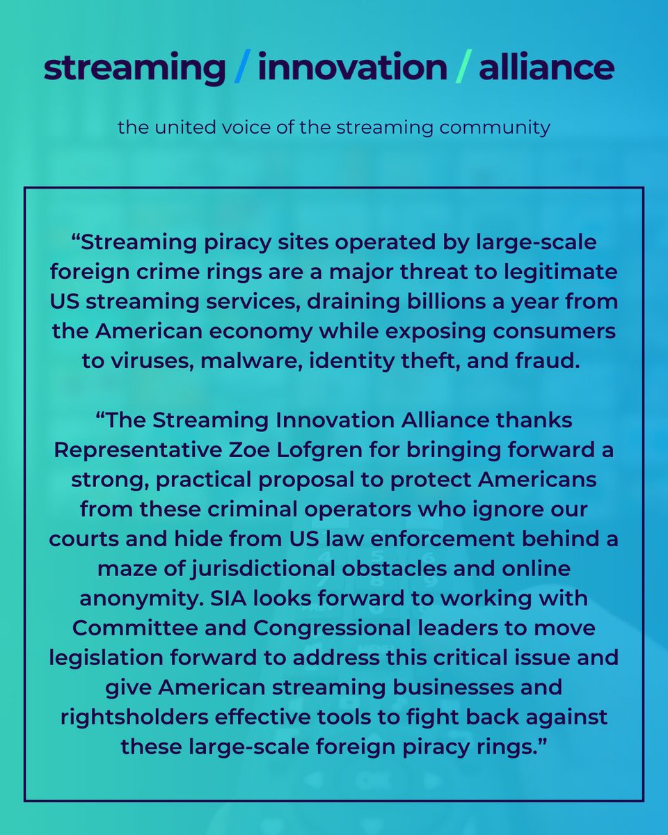 The Streaming Innovation Alliance thanks <a href="/RepZoeLofgren/">Rep. Zoe Lofgren</a> for bringing forward a strong, practical proposal to protect Americans from foreign-operated streaming piracy sites.