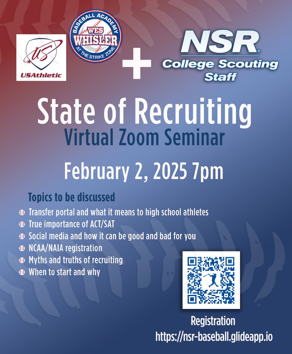 ⚾️NSR “State of Recruiting” Virtual Seminar ⚾️

📆 February 2 2025 * 7pm
📍 Register at link or QR code below to receive the     Zoom link

nsr-baseball.glideapp.io