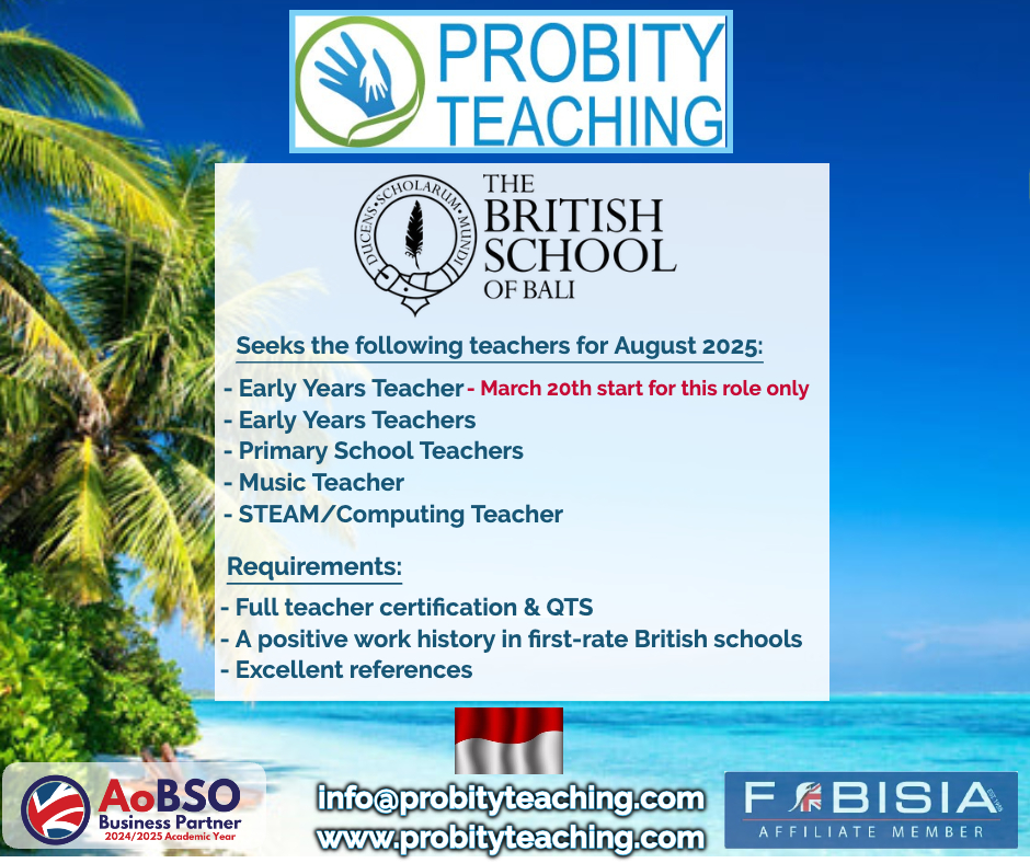 Probityteaching's tweet image. Probity Teaching is delighted to be working with the British School of Bali. Submit your CV to info@probityteaching.com 
#TeachingOpportunities #EarlyYearsTeaching #PrimaryTeaching #TeachingAbroad #teacherrecruitment #internationalschool #primary #education #teacherjobs #teachers
