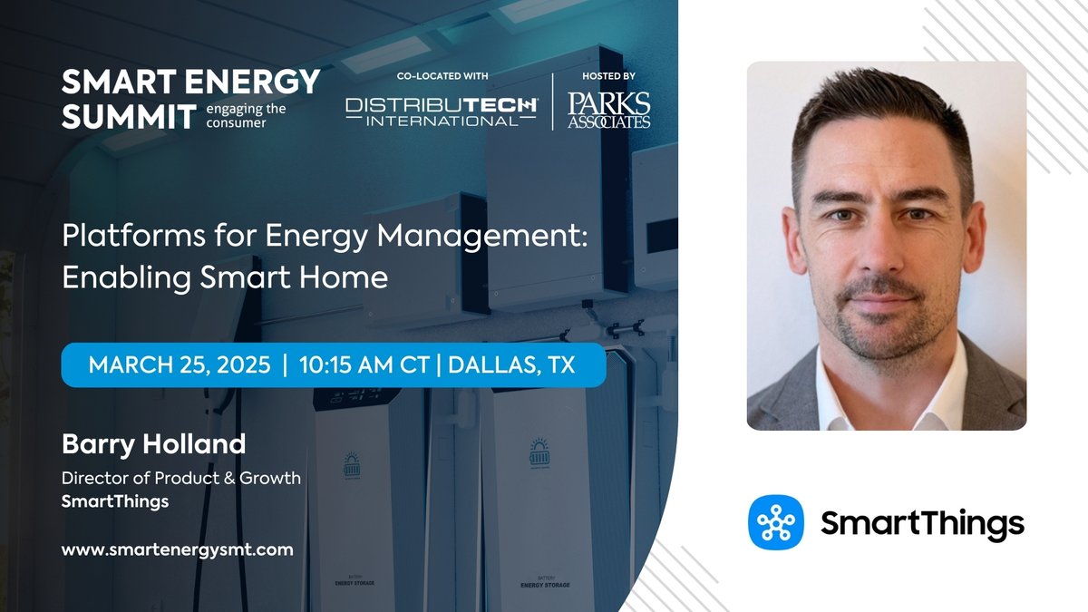 🎤 Join us in welcoming Barry Holland, SmartThings as a #SmartEnergy25 at #DISTRIBUTECH25 speaker during, “Platforms for Energy Management: Enabling Smart Home,” on March 25, at 10:15 AM, CT!

⚡Register for Smart Energy Summit: xpressreg.net/register/DIST0…