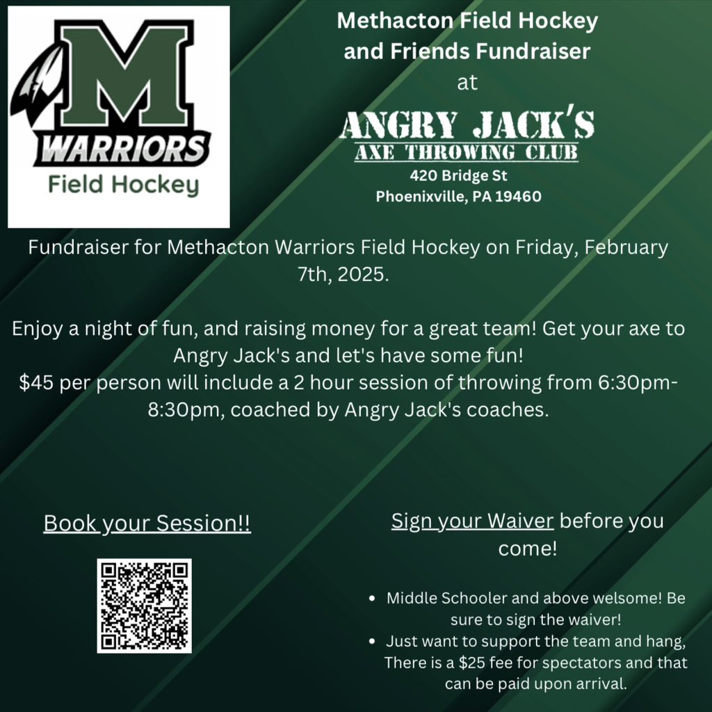 Who is ready to hit the 🎯 and hang with friends and family? Join us for and inforgettable night of 🪓 and raising money for a cause!🏑🏑. 
** Middle Schoolers and above are welcome!  Sign the waiver to participate. ** Scan the QR or copy and paste the link below to sign up now!