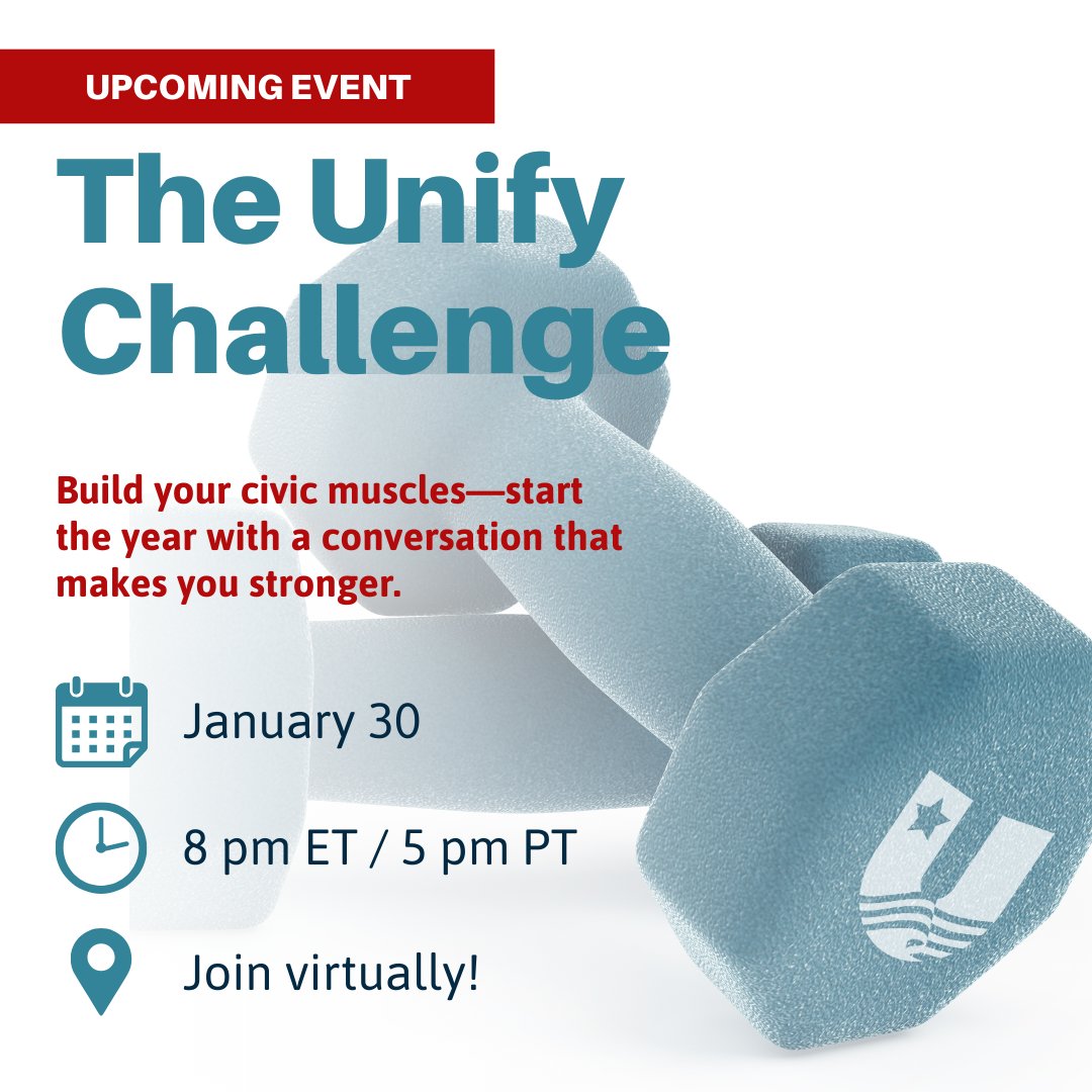 Stronger bodies, stronger minds… stronger democracy. Civic wellness takes practice! 

Join the Unify Challenge on Jan 30 at 8 PM ET—a free, virtual event; you’ll strengthen your skills, flex your curiosity, &amp; build bridges instead of barriers.

Sign up: ow.ly/sI9p50UPPR5