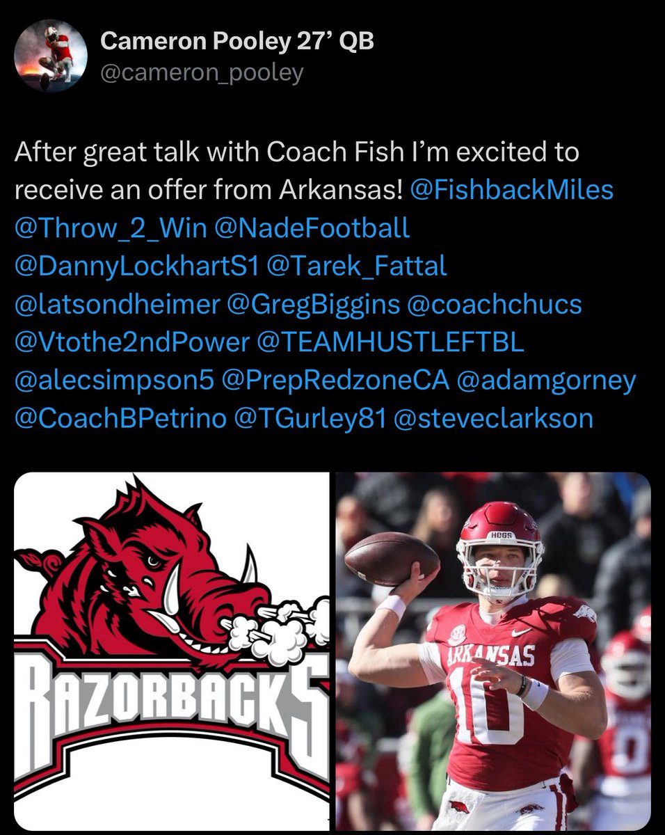 Tori Gurley (@tgurley81) on Twitter photo Congratulations <a href="/cameron_pooley/">Cameron Pooley 27’ QB</a> on the <a href="/RazorbackFB/">Arkansas Razorback Football</a> offer!!! We get #offers & #results at Torigurley.com Sign Up Now!!! Congratulations <a href="/cameron_pooley/">Cameron Pooley 27’ QB</a> on the <a href="/RazorbackFB/">Arkansas Razorback Football</a> offer!!! We get #offers & #results at Torigurley.com Sign Up Now!!!