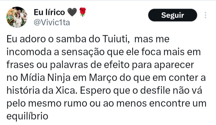 O Samba da <a href="/Tuiutioficial/">Paraíso do Tuiuti</a> não é razo e tampouco tokinista. O Enredo se utilizará do fato histórico da transgeneridade de Xica como o ponto de partida sobre  uma questão criminosa. O BRASIL SEGUE SENDO O PAÍS QUE MAIS MATA PESSOAS TRANS. Xica é o fio condutor de um enredo DENÚNCIA