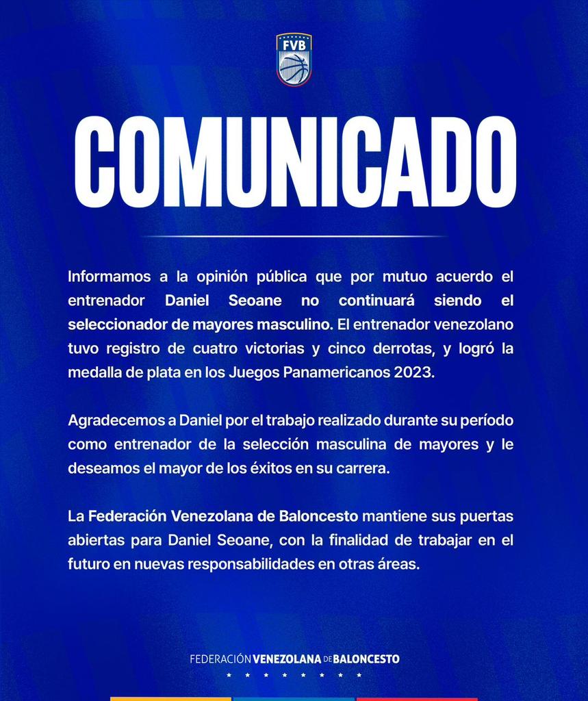 🏀🇻🇪 Daniel Seoane no seguirá al frente de la selección masculina de mayores.

#BaloncestoVenezolano
#FVB
#BaloncestoenTacones