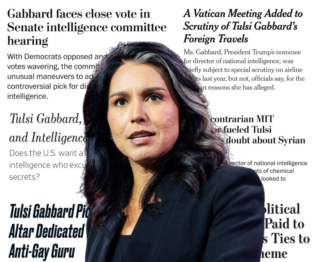 Tulsi Gabbard stories of the past 72 hours:

• Alleged to have secretly met with a senior Hezbollah official

• Hired a PR firm to cover up a connection between the cult she belongs to and a Hong Kong multinational fraudster pyramid scheme

• Denied being connected to the