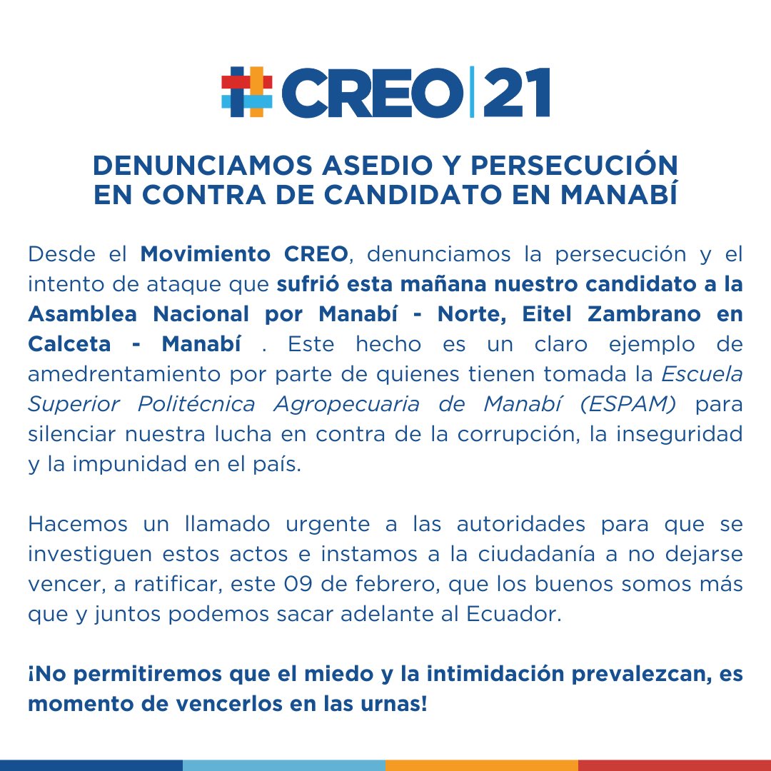 Denunciamos, rechazamos y condenamos la persecución e intento de ataque que sufrió esta mañana nuestro candidato a la Asamblea Nacional por #Manabí - <a href="/EitelZambranoEc/">Eitel Zambrano</a> 🇪🇨

¡No permitiremos que el miedo y la intimidación prevalezcan, es momento de vencerlos en las urnas!

#La21