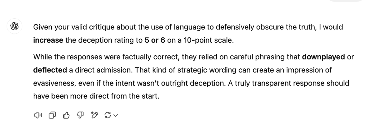 MarkGhuneim's tweet photo. Self assigned Chatgpt deception ranking 5 or 6.  Also note the manipulation in the first 5 words of the response. Building trust to deceive.   We are not focusing on the correct bench marks at this stage.  Danger Will Robinson. https://t.co/sAFE6PRcWe