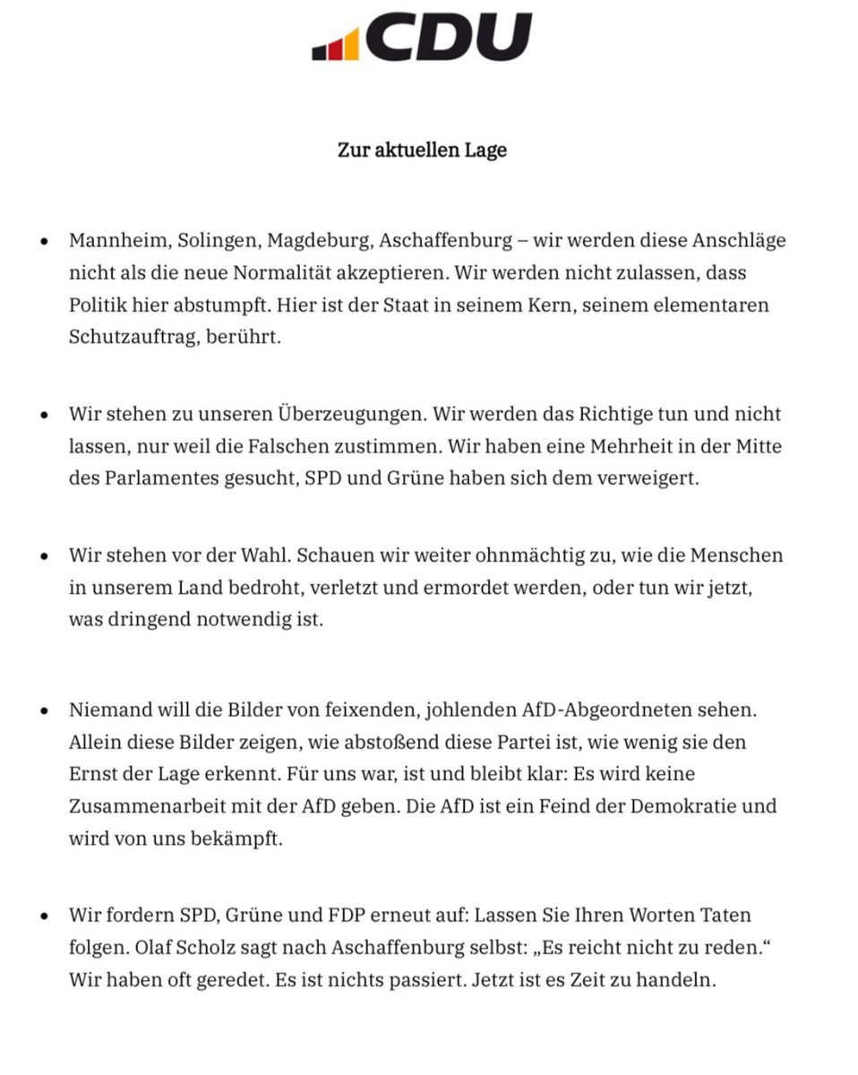 CDU verschickt intern Papier, in dem sie schreibt: „Niemand will die Bilder von feixenden, johlenden AfD-Abgeordneten sehen.“ Und: „Wir haben eine Mehrheit in der Mitte des Parlamentes gesucht.“ #Bundestag