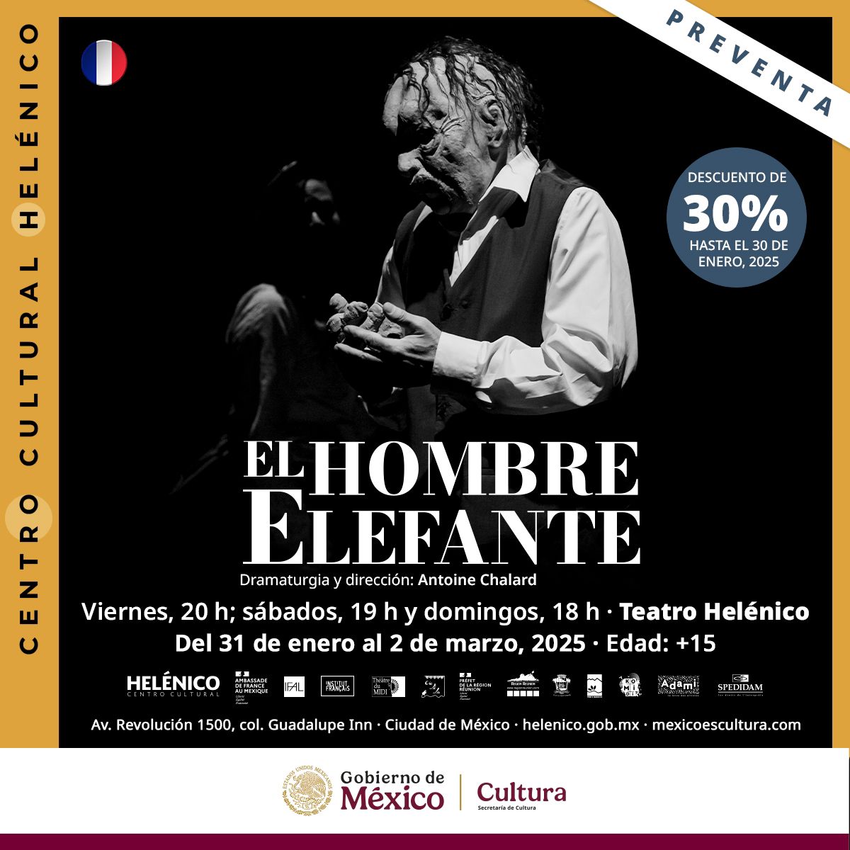 Basada en la historia de Joseph Merrick, el hombre inglés que se hizo famoso por vivir con el síndrome de Proteus, se presenta la cautivadora y esperanzadora puesta en escena “El hombre elefante”.

Un fascinante y trágico drama escrito y dirigido por Antoine Chalard, con