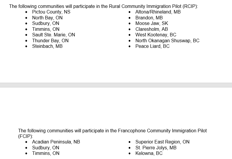 TTRRMK's tweet image. Rural Community Immigration Pilot Communities and Francophone Community Immigration Pilot communities have been announced (but I can't find it publicly posted anywhere) #RNIP #RCIC #FCIP #cndimm #PR