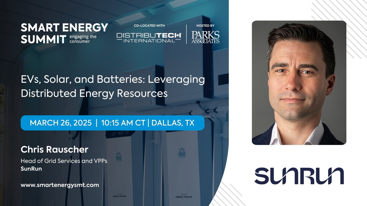 🎤 Join us in welcoming Chris Rauscher, SunRun as a #SmartEnergy25 at #DISTRIBUTECH25 speaker during, “EVs, Solar, and Batteries: Leveraging Distributed Energy Resources,” on March 26, at 10:15 AM, CT!

⚡Register for Smart Energy Summit: xpressreg.net/register/DIST0…
