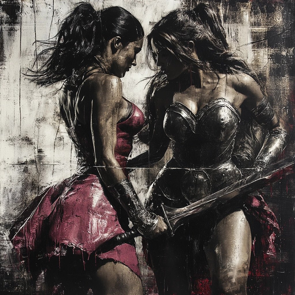 DirkBartz's tweet photo. "In the arena of strength, unity is forged through the clash of wills." ⚔️💪 

#UnityThroughStrength #WarriorWomen #AIArt #Midjourney #eTatos https://t.co/7bSWVk8KVP