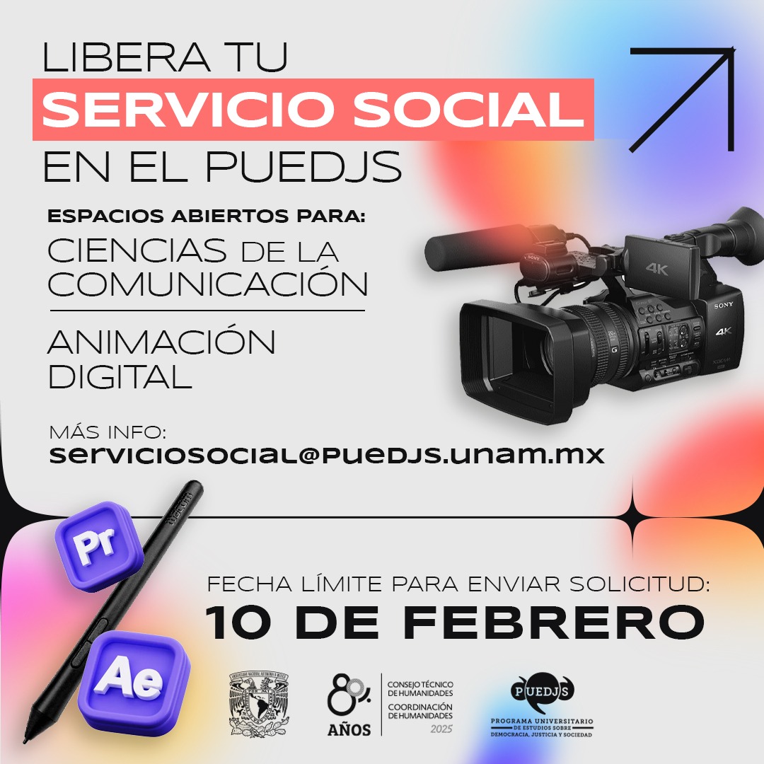 ¿Estás buscando donde realizar tu servicio social y te interesan los procesos democráticos?

¡Llegó tu momento! Si estudias animación digital o ciencias de la comunicación 🗞️ únete al equipo #PUEDJS🤩

¡Envía tu solicitud ahora!👉🏻acortar.link/Scyuxy o al correo