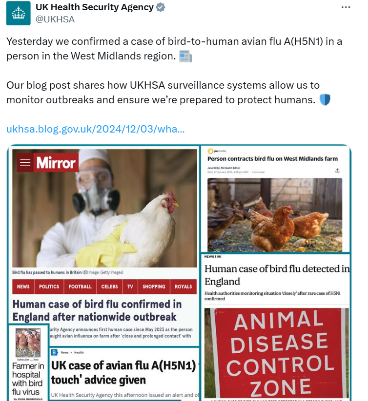 Raj Rajnarayanan (@rajlabn) on Twitter photo #H5N1 #AvianInfluenza updates
Quick analysis of the #AvianFlu sequence uploaded to <a href="/GISAID/">GISAID Initiative</a> from #UK
Sample collected on 01/2025 from an In-patient
Clade 2.3.4.4b genotype DI.2
HA mutations: A99D, P152S, S179N, T211A, A230S, I351X, S519N
Ref: A/Astrakhan/3212/2020
1/n #H5N1 #AvianInfluenza updates
Quick analysis of the #AvianFlu sequence uploaded to <a href="/GISAID/">GISAID Initiative</a> from #UK
Sample collected on 01/2025 from an In-patient
Clade 2.3.4.4b genotype DI.2
HA mutations: A99D, P152S, S179N, T211A, A230S, I351X, S519N
Ref: A/Astrakhan/3212/2020
1/n