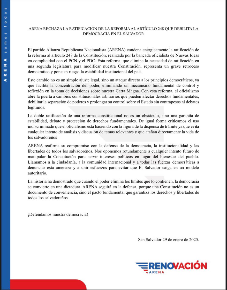 La Renovación ARENA condena la ratificación a la reforma del artículo 248 de nuestra Constitución de la República, lo consideramos un ataque directo a la democracia y una situación que facilita la concentración de poder.

#AquíEstamos #RenovaciónARENA #enloszapatosdelagente