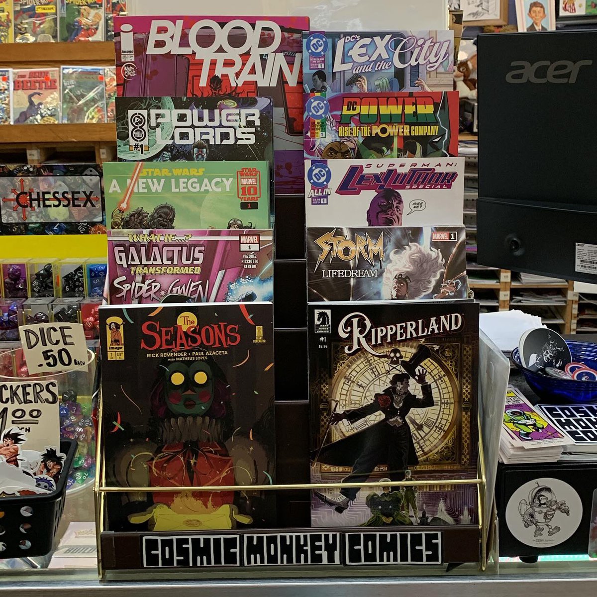 cosmicmonkey's tweet photo. Lots of new titles this week! OUR DIAMOND SHIPMENT WILL BE AVAILABLE THURSDAY! It’s late again! #theseasons #ripperland #whatifgalactustransformedspidergwen #stormlifedream #starwarsanewlegacy #supermanlexluthorspecial #powerlords #dcpowerriseofthepowercompany #bloodtrain #ncbd https://t.co/j2CKsWyUdK
