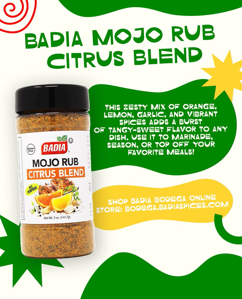 Why settle for ordinary when you can have unforgettable? Badia #MojoRub Citrus Blend is more than a #seasoning—it's your ticket to dishes that burst with citrusy, garlicky perfection. Sweet, tangy, and utterly irresistible!

🛒 Grab yours today: bodega.badiaspices.com/?s=Mojo