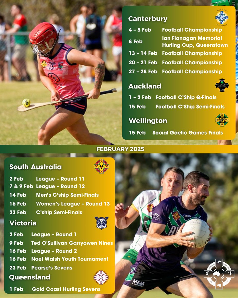 📅 FEBRUARY | 

Kicking off 2025 with a bang! 💥

More information on competitions and events available here: australasiangaelicgames.com/event/

Check locally to confirm dates, times, and locations.