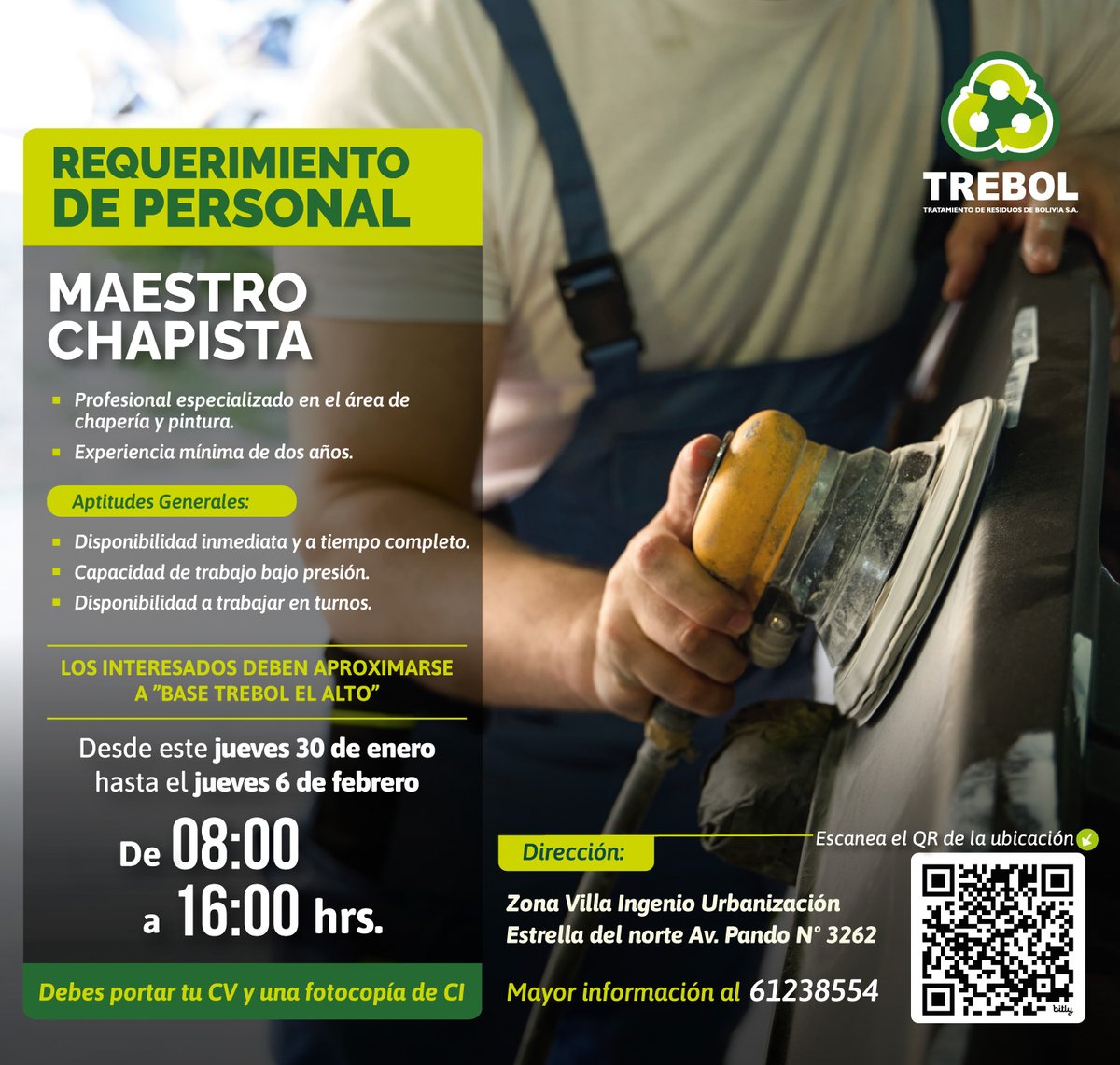 TREBOLBOLIVIA's tweet photo. ¡Sé parte de nuestro equipo!
Te aconsejamos revisar con atención los requisitos de la convocatoria de personal.
¡Estamos a la espera de tu participación!
#trebol #lamejorempresaderesiduos #ElAlto #Cuidatuciudad https://t.co/07LbtzdDFn