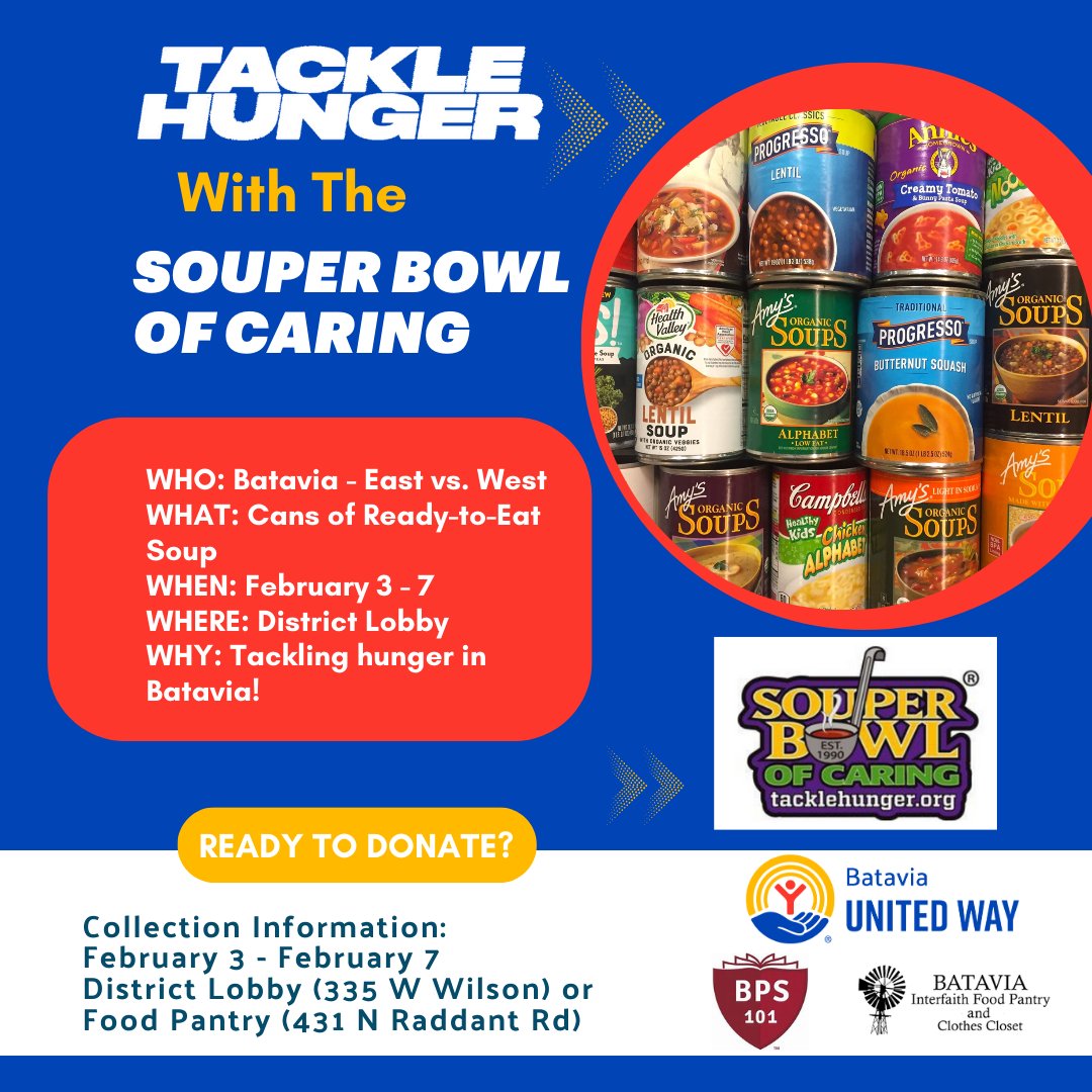 BataviaWay's tweet image. This February, the competition will rise to great heights as Batavia battles to bring home the ultimate title- SOUPer Bowl Champions! Will it be the enthusiastic EAST side or the wonderous WEST side? Donate ready-to-eat soup for the Batavia Interfaith Food Pantry!
