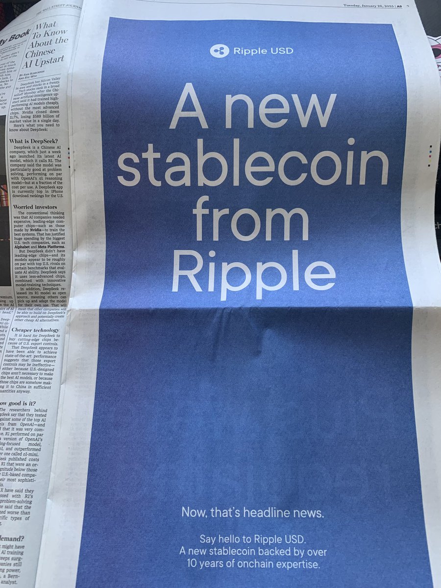 BankXRP's tweet image. Ripple RLUSD Stablecoin Ad in This Morning's The Wall Street Journal.