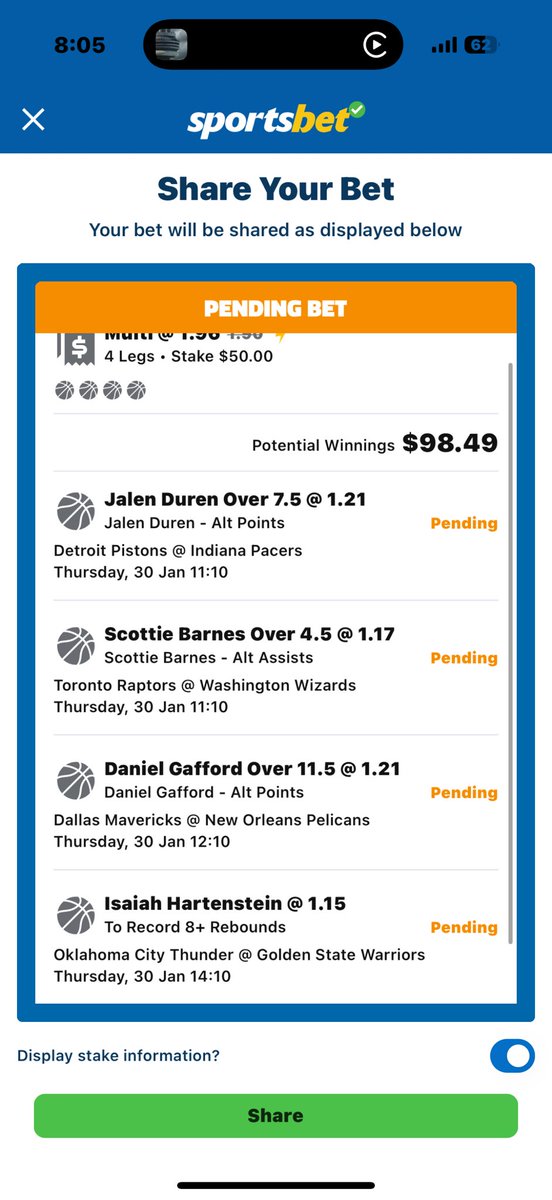 Sharp9Shooter's tweet photo. ✅ DAY 1 / SHARP SHOOTER’s ✅
💎 $50 ➡️ $10k Challenge 💎

💰 Day 1: $50 ➡️ $98.49 🤞🏽

2 injuries in the last 2 days are the only legs that have missed. Doesn’t get unluckier than we have been.

🚨I’m having one last shot at this. You don’t want to miss this. 💎

Bet Breakdown:
🏀 Jalen Duren - Over 7.5 Points
🏀 Scottie Barnes - Over 4.5 Assists
🏀 Daniel Gafford - Over 11.5 Points
🏀 Isaiah Hartenstein - 8+ Rebounds

Wins only from here on out! 💎

#LadderChallenge #Day1 #50to10k #NBA
