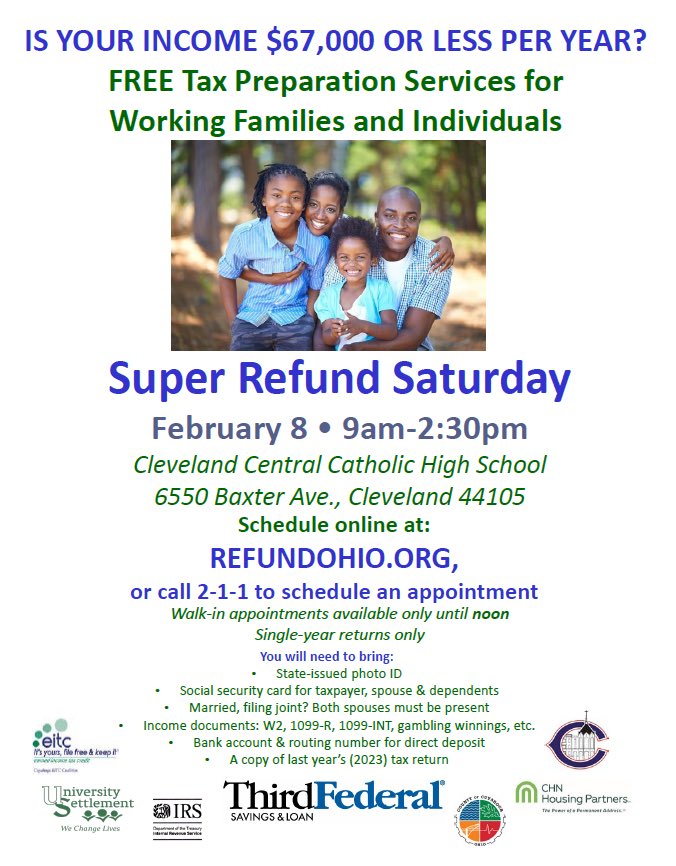 Third Federal (@thirdfederal) on Twitter photo We are proud to again support Super Refund Saturday <a href="/CCCHS/">CCCHS</a> on Saturday, February 8. Sign up for free tax prep if your income is $67,000 per year or less. <a href="/CityofCleveland/">City of Cleveland</a> <a href="/CuyahogaEITC/">Cuyahoga EITC</a> <a href="/CuyahogaCounty/">Cuyahoga County</a> <a href="/USettlement/">UniversitySettlement</a> <a href="/CHScleveland/">Community Housing Solutions</a> We are proud to again support Super Refund Saturday <a href="/CCCHS/">CCCHS</a> on Saturday, February 8. Sign up for free tax prep if your income is $67,000 per year or less. <a href="/CityofCleveland/">City of Cleveland</a> <a href="/CuyahogaEITC/">Cuyahoga EITC</a> <a href="/CuyahogaCounty/">Cuyahoga County</a> <a href="/USettlement/">UniversitySettlement</a> <a href="/CHScleveland/">Community Housing Solutions</a>