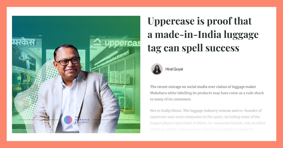 MorningContext's tweet image. Sudip Ghose-led Uppercase claims to be a 100% made-in-India luggage manufacturer.

The company has secured $20 million in funding from Accel and Sixth Sense Ventures.

@goyalhiral narrates the brand&apos;s growth journey and bold vision:

themorningcontext.com/internet/upper…