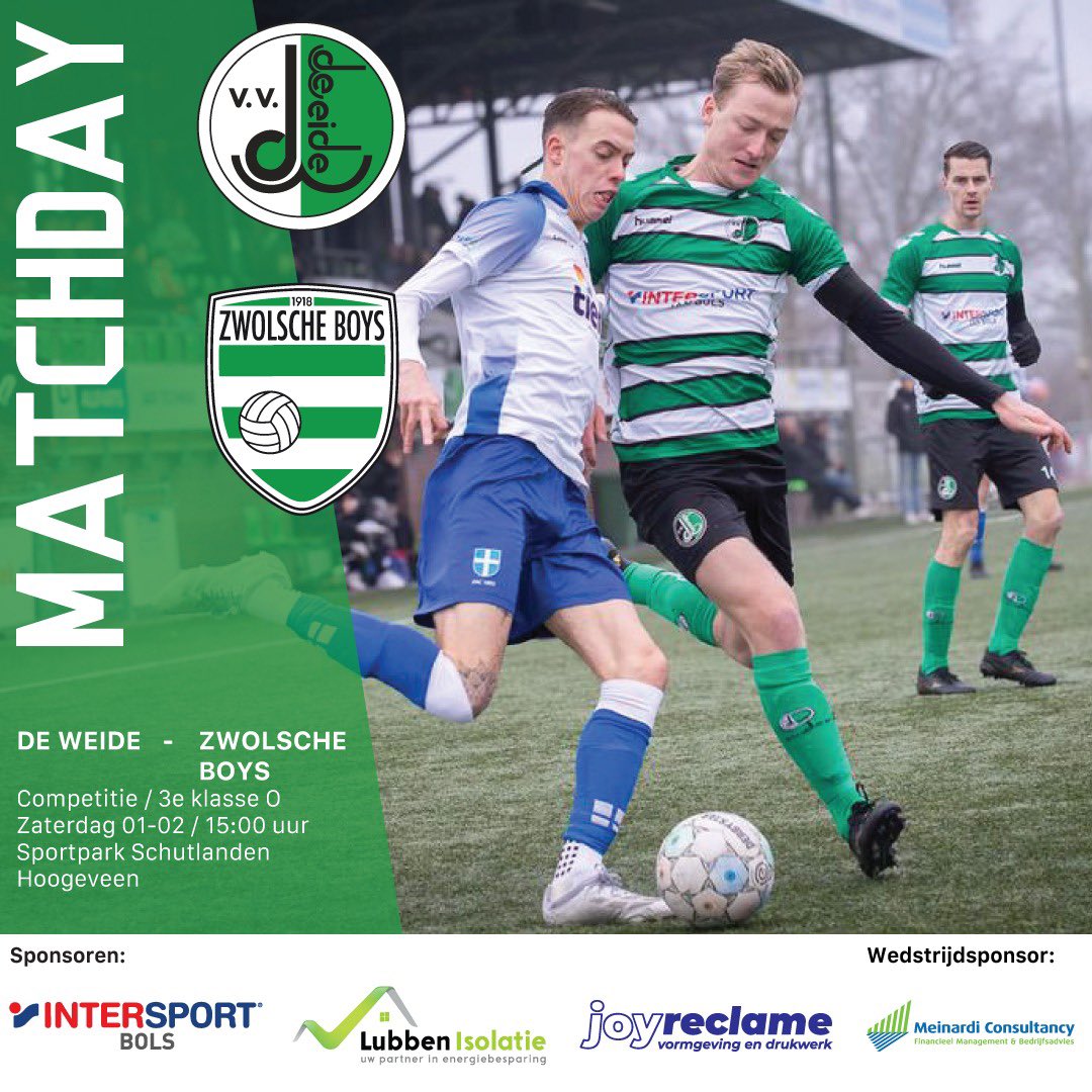 Zaterdag 01 februari 15:00 uur: 
De Weide - <a href="/zwolscheboys/">SV Zwolsche Boys</a> ⚽️