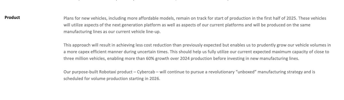 BREAKING: Tesla says "Plans for new vehicles, including more affordable models, remain on track for start of production in the first half of 2025. These vehicles will utilize aspects of the next generation platform as well as aspects of our current platforms and will be produced